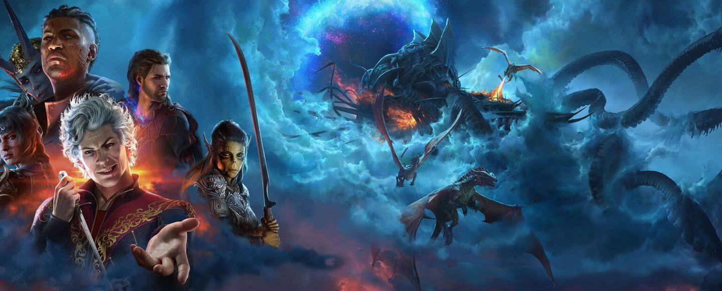 Official Baldurs Gate 3 artwork depicting its fantasy adventuring cast