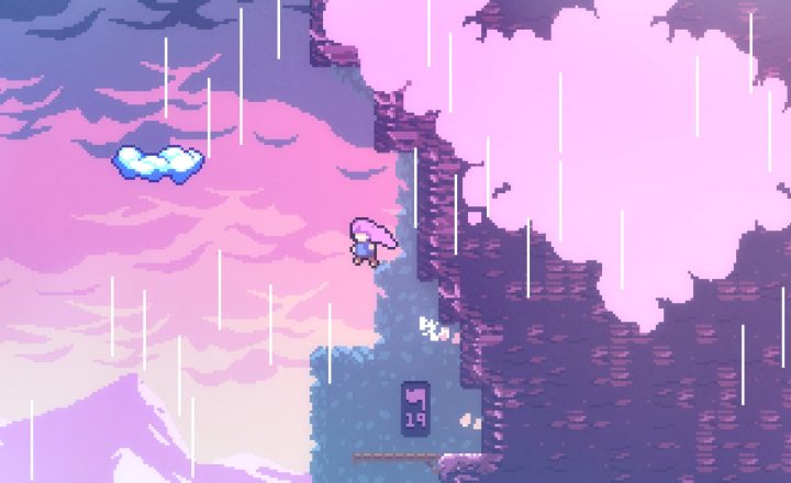 Celeste gameplay with Madeline navigating a colourful platforming room