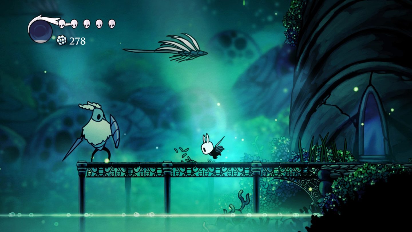 Hollow Knight gameplay inside a richly layered underground area