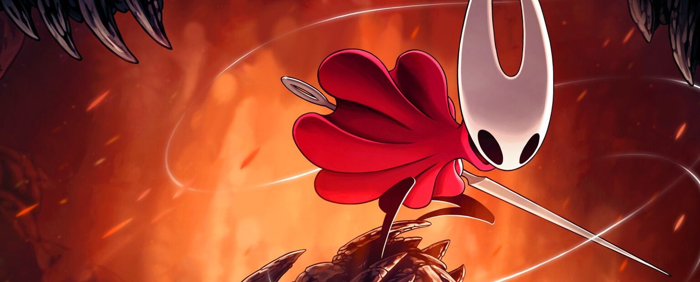 Official Hollow Knight Silksong artwork with Hornet in a vivid fantasy landscape